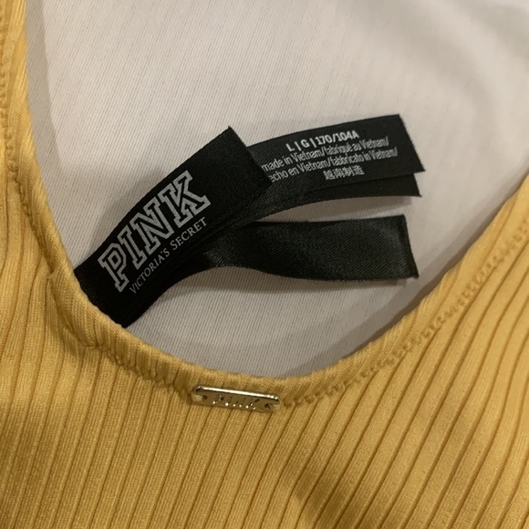 VICTORIAS Secret Sz L One Piece Strap Side Ribbed Swimsuit Gold V Neck - Picture 7 of 10